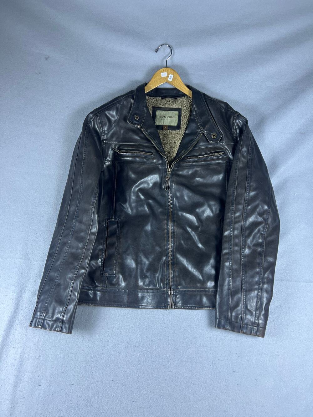 Sonoma Moto Jacket Womens M Black Faux Leather Sherpa Lined Biker Bomber